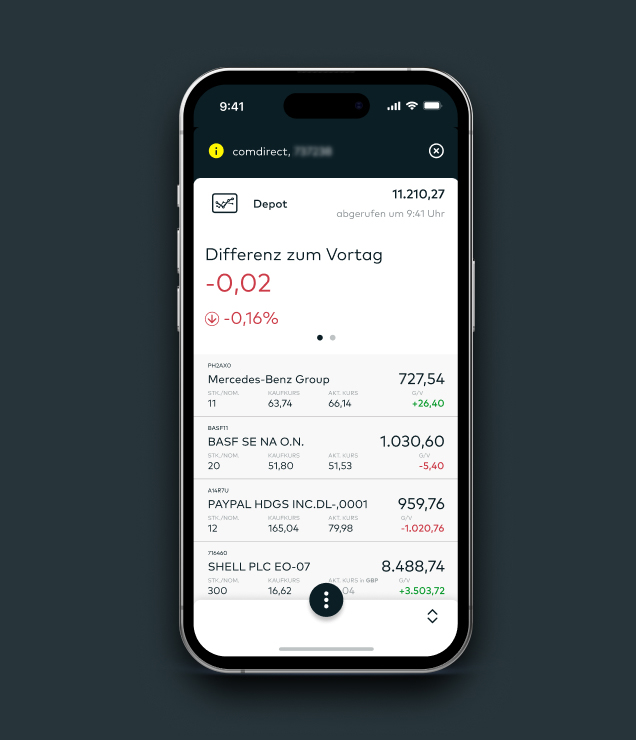Ein Handyscreen von der Depotübersicht in der comdirect App.