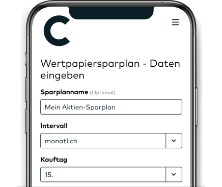 Auf einem Smartphone-Bildschirm wird beispielhaft die monatliche Ausführung eines Aktien-Sparplans gezeigt.