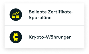 Die Menüpunkte 'Beliebte Zertifikate-Sparpläne' und "Krypto-Währungen' werden angezeigt.