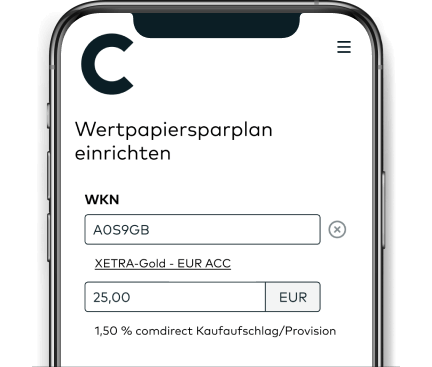Auf einem Smartphone-Bildschirm wird beispielhaft ein Sparbetrag für einen Zertifikate-Sparplan eingegeben.
