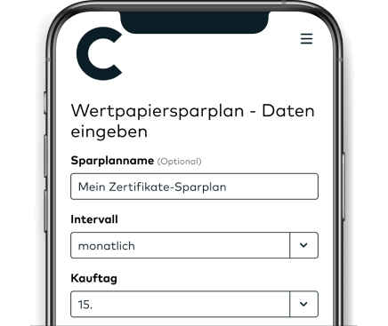 Auf einem Smartphone-Bildschirm wird beispielhaft die monatliche Ausführung eines Zertifikate-Sparplans gezeigt.