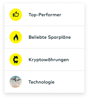 Die Menüpunkte 'Top-Performer', 'Beliebte Sparpläne', "Kryptowährungen' und "Technologie' werden angezeigt.