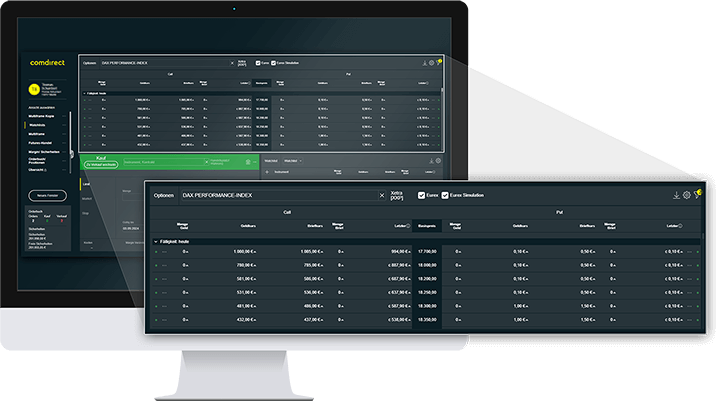 Auf einem Computerbildschirm ist die Optionssuche des browserbasierten O&F-Traders zu sehen.