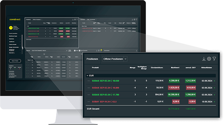 Auf einem Computerbildschirm ist die tabellarische Übersicht der offenen Positionen des browserbasierten O&F-Traders zu sehen.