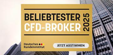 Das Deutsche Kreditinstitut ruft zur Abstimmung für den beliebtesten CFD-Broker 2025 auf. Im Hintergrund sieht man Banken-Hochhäuser.