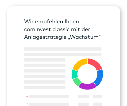 Auf einer stilisierten Webseite sind eine Anlagestrategie sowie das zugehörige Ring-Diagramm abgebildet.