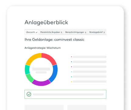 Auf einer stilisierten Webseite ist unter der Überschrift "Anlageüberblick" ein buntes Ring-Diagramm abgebildet.